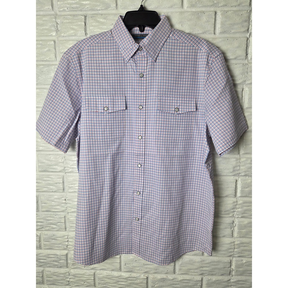Men's Roundtree & Yorke Performance Medium snap up shirt Stretch s/s Red Blue